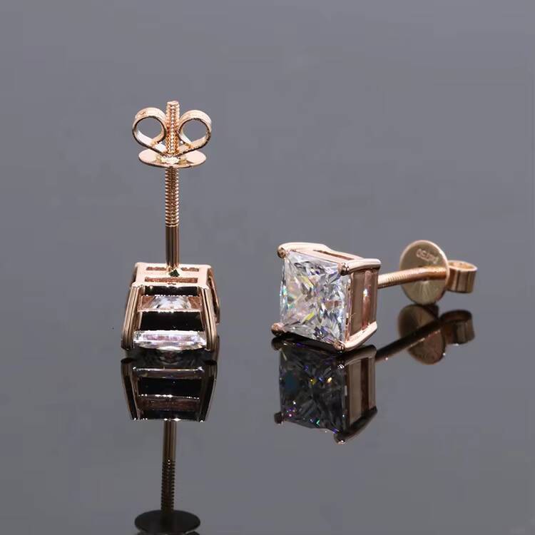 Free Shipping Fine Jewelry Two Carat Princess Cut Moissanite Gemstone 14k Rose Gold Screw Back Stud Earring