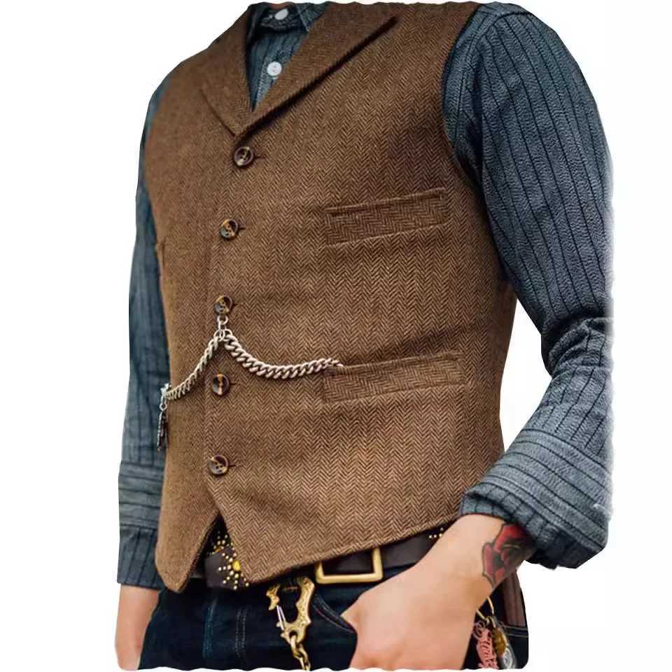 Wool Tweed Mens Suits Vest for Groomsmen Wedding Lapel Casual Slim Business Vests Sleeveless Waistcoat Male Gilet Homme Vests W251029