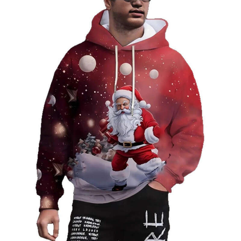 Mens Womens Christmas Father Christmas Elf Print Hoodie Casual Long Slve Sweatshirt with Pockets