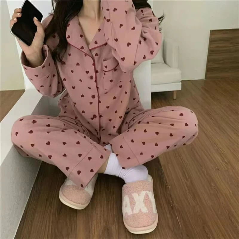 MXXL Large Size Nightwear Women Sleepwear Autumn and Winter Cardigan Home Wear Peach Heart Long Sleeves School Silk Pajamas 251029