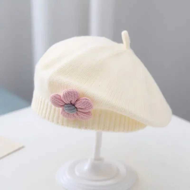 Solid Color Cute Flower Baby Hat Winter Warm Knitted Beanie Cap for Infant Girls Korean Toddler Kids Princess Artist Painter Cap251028