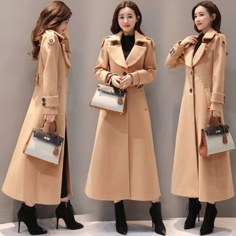 Womens Long Woolen Coat Spring Autumn Korean Waist Slimming OverKnee Thick Keep Warm Woolen Coat Lady Overcoat 251029