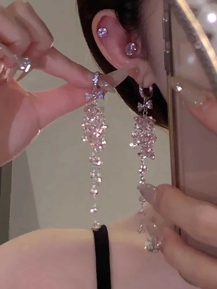 WLP Exquisite Sweet Pink Rhinestone Bow Tassel Drop Earrings for Women Vintage Korean Fashion Light Luxury Earring Party JewelryW251029