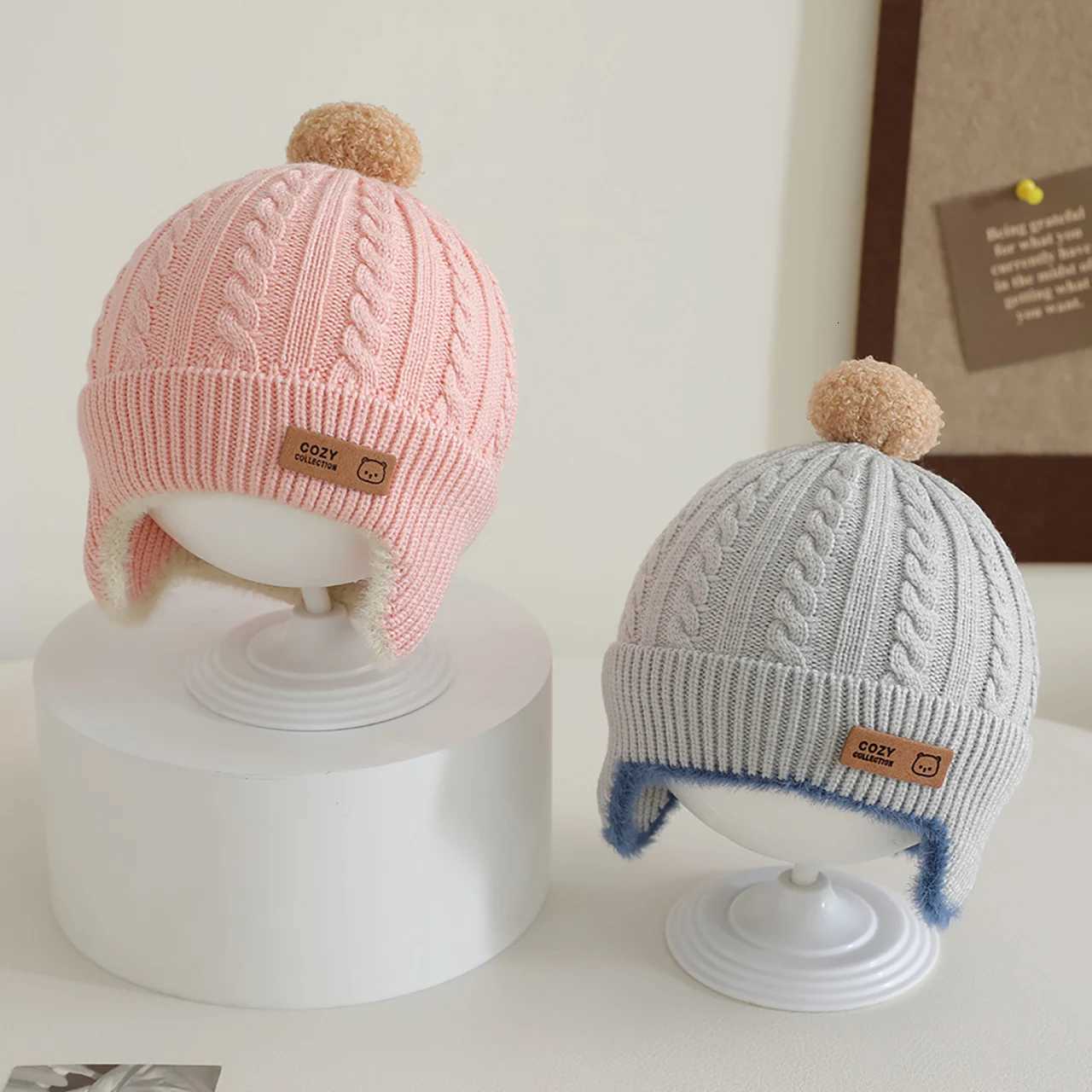 Pompom Beanies Winter Warm Baby Earmuffs Cap Toddler Ear Protection Hat 13year Kids Woolen Knit Hats Fashion Children Bonnet251028