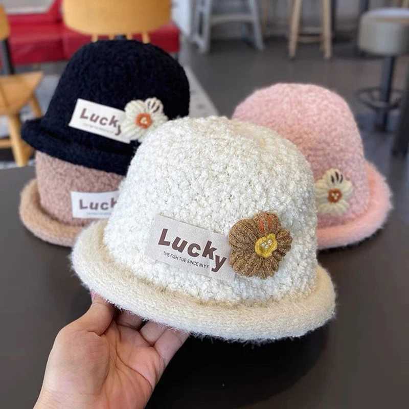 Winter Warm Baby Knitted Bucket Hat Sweet Crochet Flower Girls Curled Fisherman Hats 28Year Children Thicken Woolen Basin Cap251028
