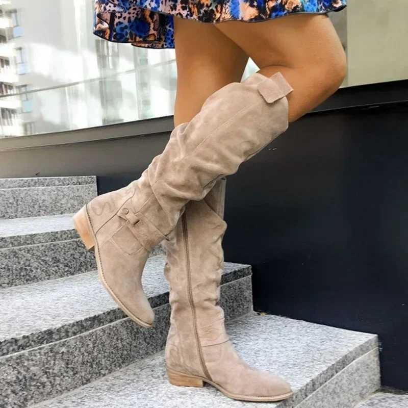 Low Heel Side Zip Size 43 Suede Thigh High Womens Boots Retro Woman Booties Autumn Winter Knee High Boots 2024 Z251029