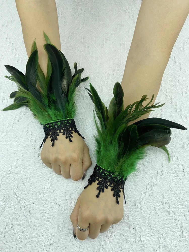Natural Feather Sleeve Cuffs Gloves Party Cosplay Lace Wrist Cuffs Fur Sleeve Furry Accessories Carnival Stage Show Costume 251029