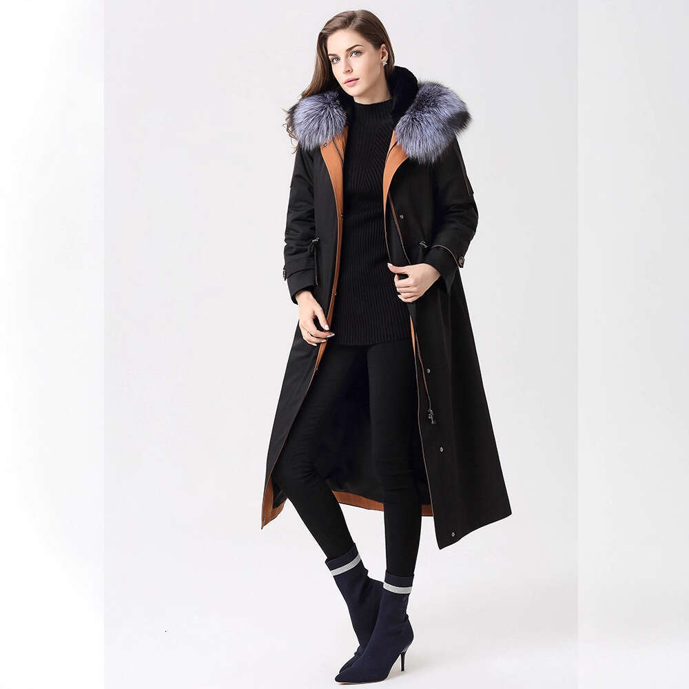 Extended Thickened 2025 New For Women, Long Over-The-Knee Style With Detachable Large Collar And Rabbit Fur Inner Lining, Women's Parka