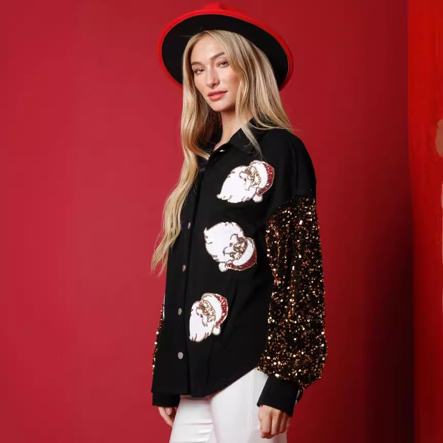Autumn new European and American women's clothing designer Santa Claus decoration long sleeved button velvet shirt sequined sleeve women's j