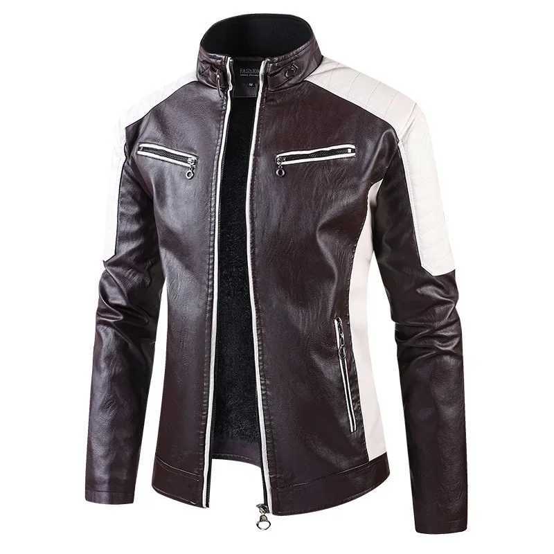Men Stand Collar Moto Leather Jackets Fleece Winter Jackets Slim Fit PU Leather Coats High Quality Male Fashion Casual JacketsT251029
