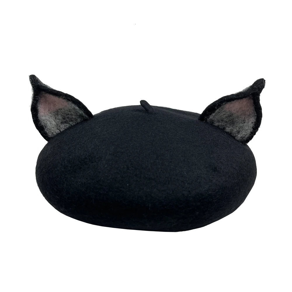Retro Womens Cute Fox Ear Woolen Beret Caps Real Wool Casual Warm Painter Hat Handmade Nick Cat Ear Beret Hat Gift RH 251029