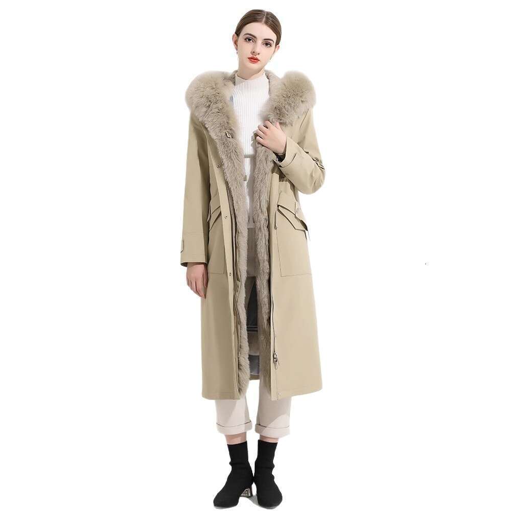 2025 Winter New Style Placket Fox Collar Parka Women's Hooded Long Coat Rex Rabbit Inner Lining Fur Jacket