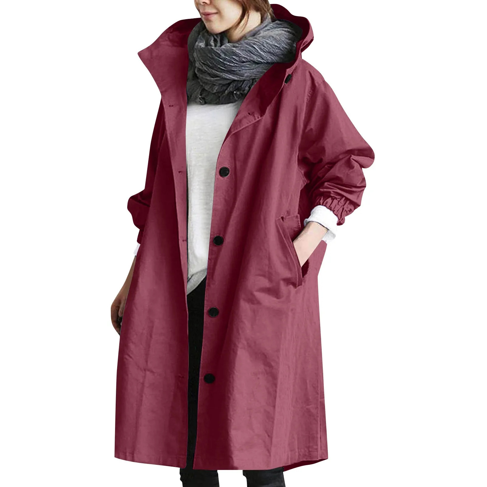 Trendy Womens Long Trench Coat Womens Solid Color Elegant Windbreaker Loose Comfortable Hooded Temperament Ladies Raincoat 251029
