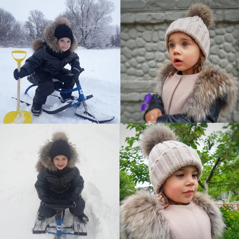 Big Fur Pom pom Beanie Hat Parent Kids Warm Knitted Winter Hats Baby Girls Boys Real Raccoon Fur pompom Beanies Cap 251029