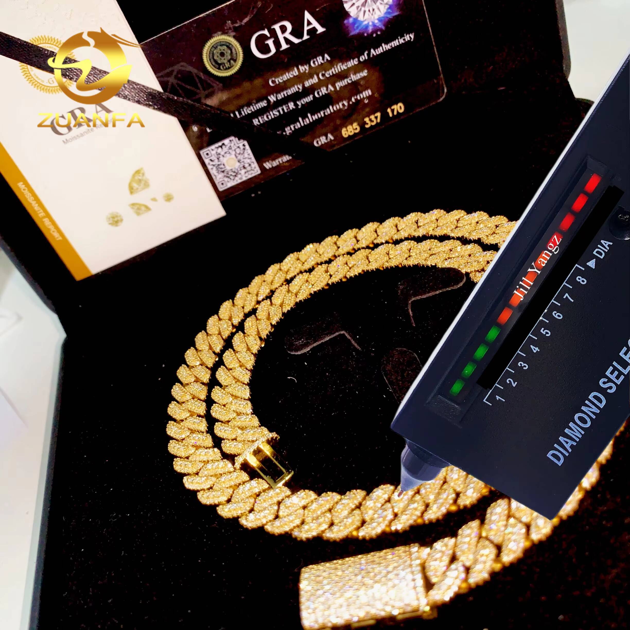 Real Gold Plated 10mm Moissanite Chain Cuban Links Prong Chain Pass Diamond Tester 925 Silver Cuban Link Chain Necklace