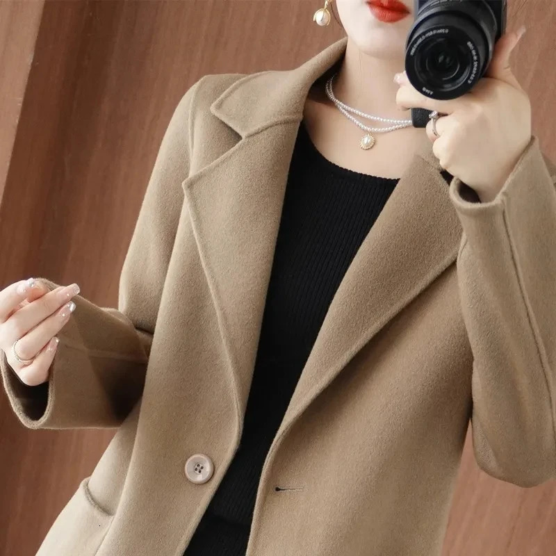 100 Pure Wool DoubleSided Cashmere Jacket Women Overcoat Autumn Winter MidLength OneButton Slim Wool Windbreakers coat 251029
