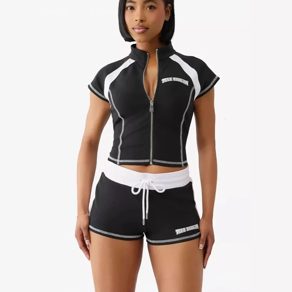 Summer European and American Street Spice Girl Style Zipper Cardigan Slim Casual Sports Shortsleeved Tshirt Top Set 251029