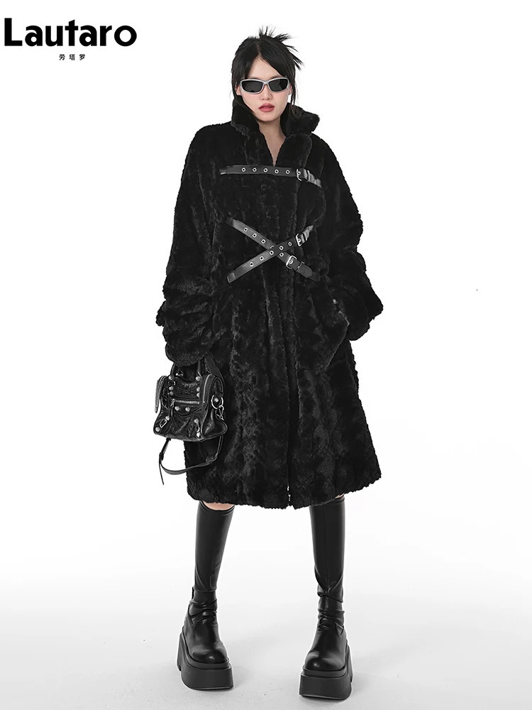Lautaro Winter Cool Long Loose Casual Soft Thick Warm Black Fuzzy Faux Fur Coat Women Stand Collar Punk Style Fluffy Jacket 251029