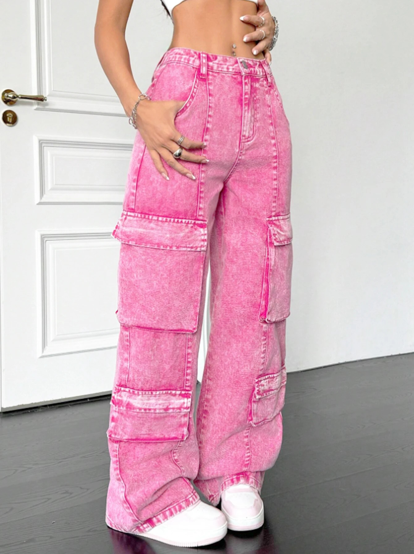 Pink cotton womens wideleg loosefitting jeans multipocket Y2K style pink fashionable jeans 251029