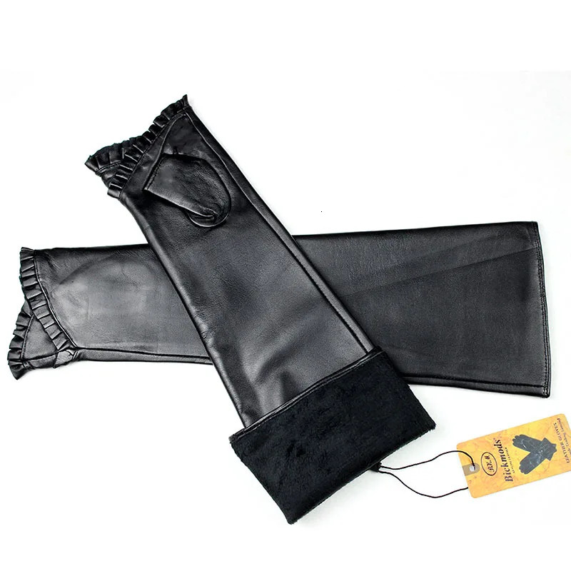 Long Sheepskin Fingerless Leather Gloves Womens Fashion Thick Velvet Lining Autumn and Winter Warm Half Finger Sleeves 251013