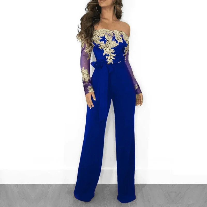 Appliques Lace Patchwork Jumpsuit Women Sexy Off Shoulder Slash Neck Long Sleeve Elegant Wide Leg Pants Party Overalls 251029