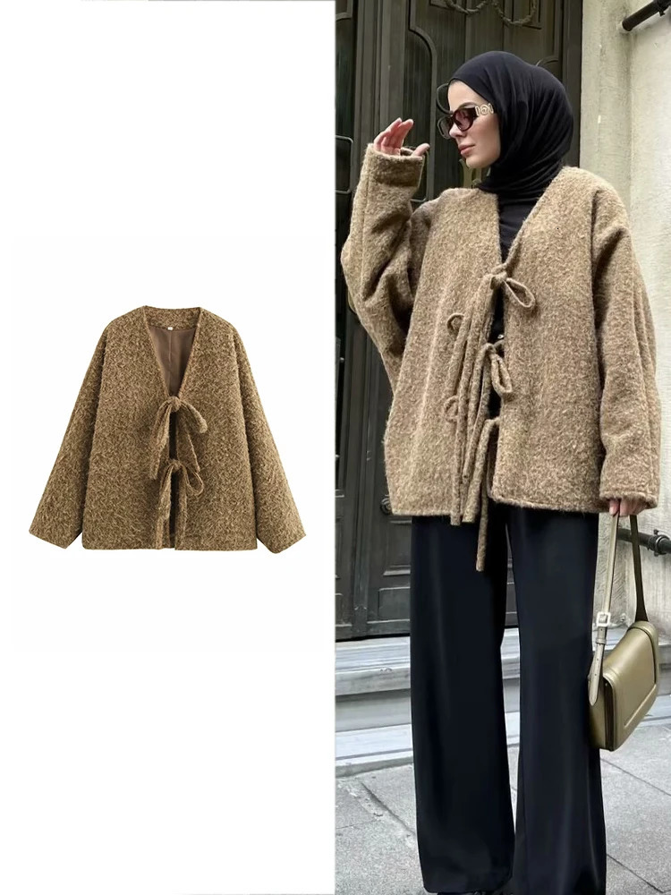 Women Fashion Casual Knitted Cardigan Autumn and Winter Loose Solid Color VNeck Tie Coat Retro Long Sleeve Jacket 251028