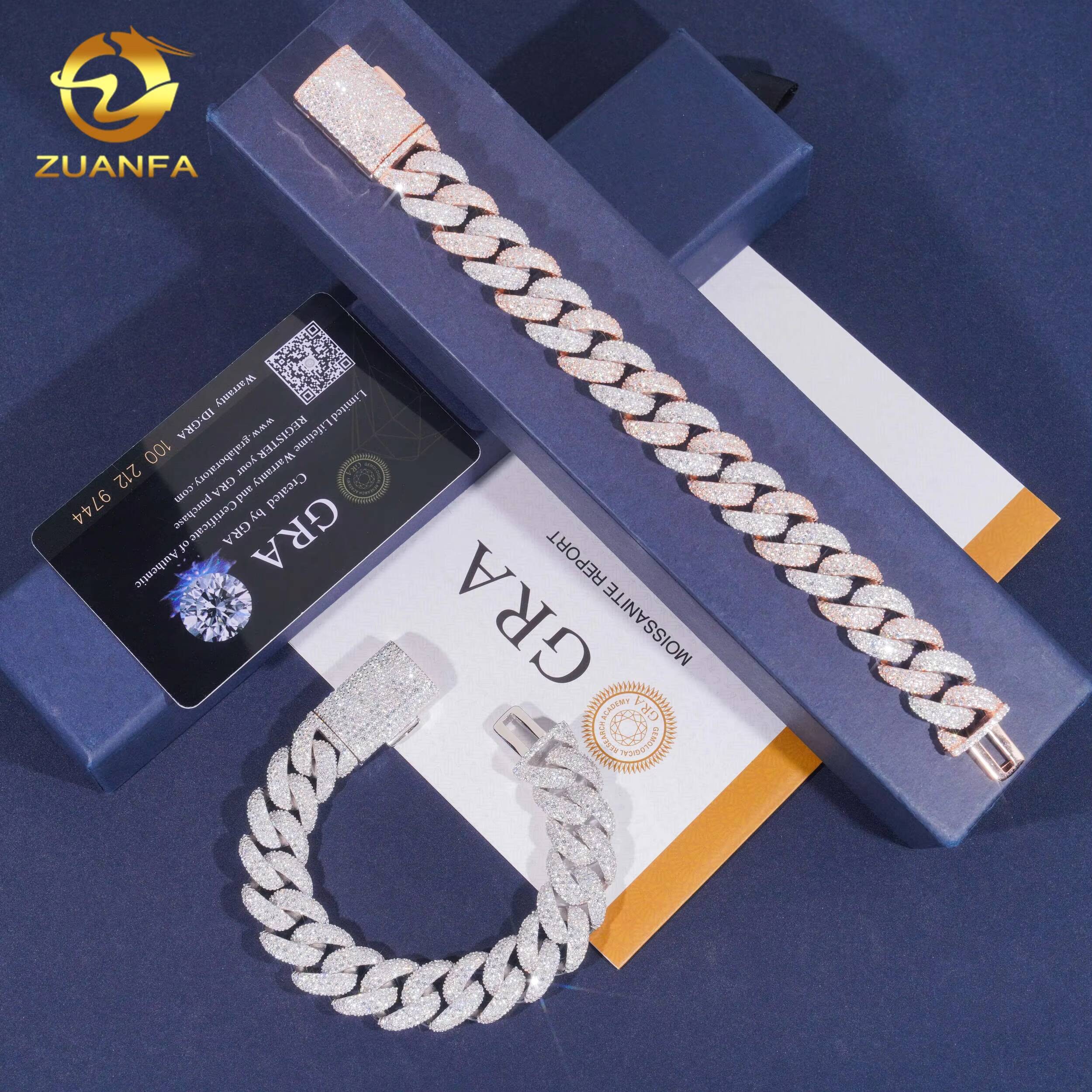 Hip Hop Pass Diamond Test Moissanite 15mm Iced Out Cuban Link Bracelet 925 Sterling Silver Linked Men Bracelet