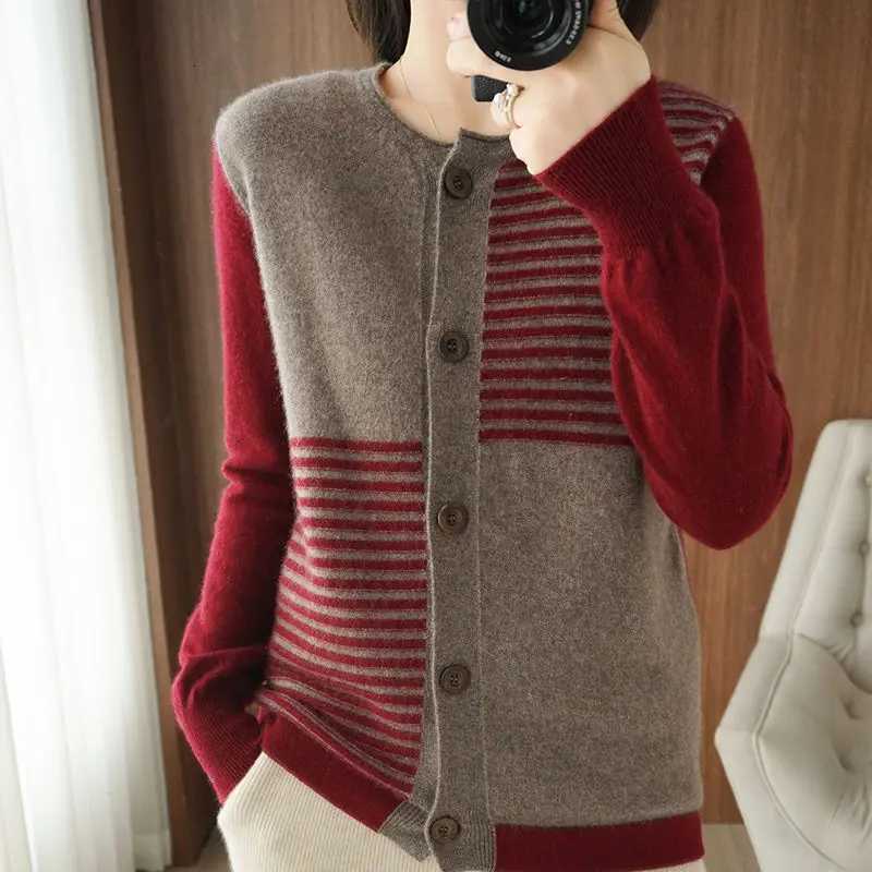 Autumn Winter New Temperament Striped Knitting Cardigan Coat Ladies Fashion Patchwork Oneck Sweater Women Clothing Vintage TopsT251028