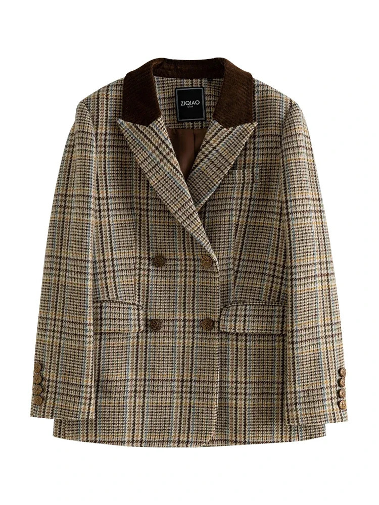 ZIQIAO 100 Wool Brown Retro Woolen Suit Jacket For Womens Winter Plaid Short Solid Women Jackets Casual 251028