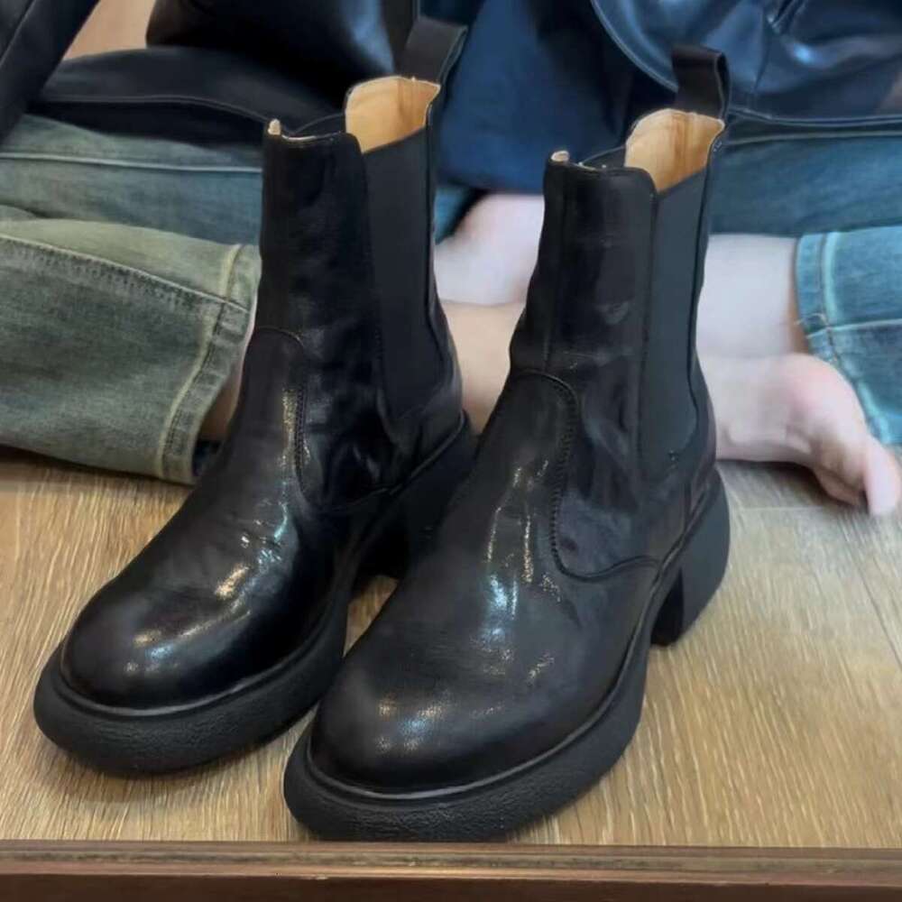 Genuine Leather Women's Autumn Winter New Thick Designer Shoe Sole Martin Textured Trendy Chelsea Short Boots