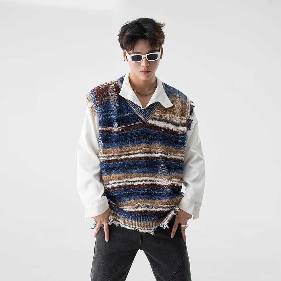 Harajuku Gradient Stripe Sleeveless Vest Y2K Washed Ripped Tie Dye VNeck Tank Top Baggy Pullover Knitted Sweater J251029