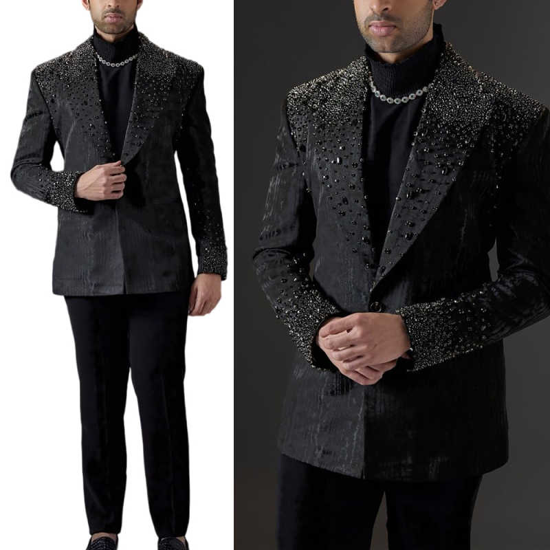 Luxury 2 Pieces Suits For Men Peaked Lapel One Button Jacket Blazer Beadeds Business Office Work Customized Tuxedos