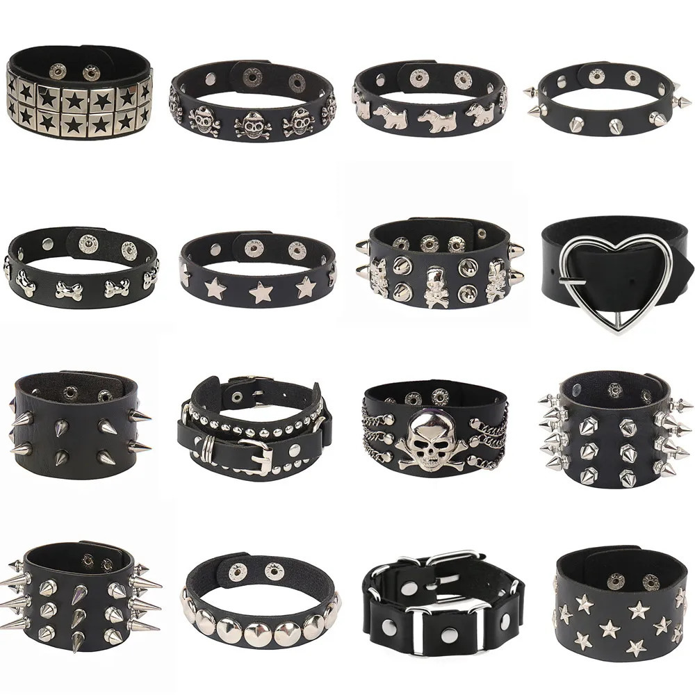 DIEZI Punk PU Leather Goth Wrap Bracelet Women Men Vintage Harajuku Star Skull Rivet Chain Bracelet Bangles Halloween Jewelry 251028