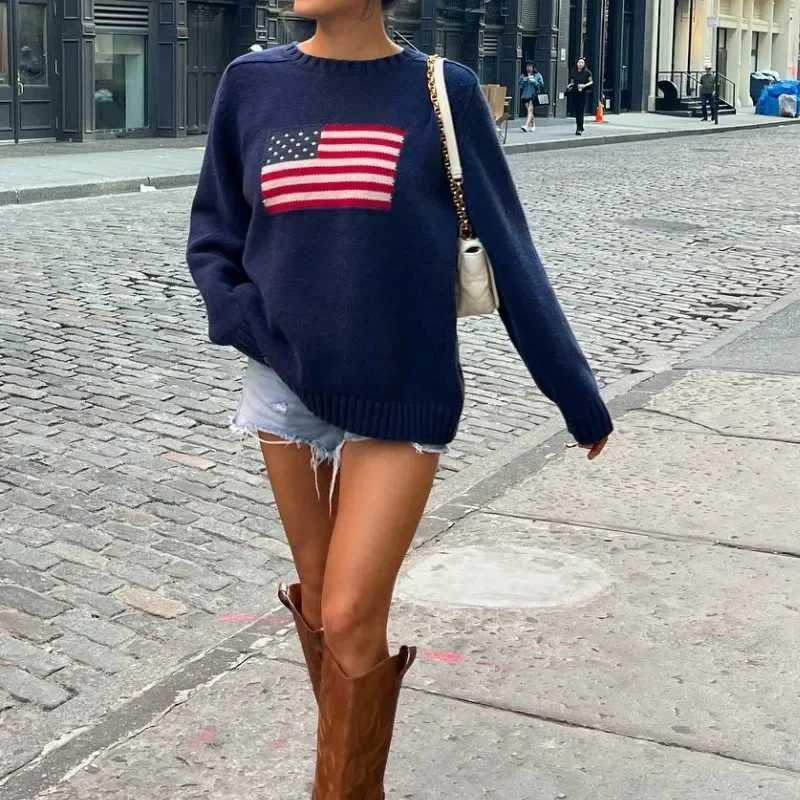 Y2K Vintage Loose Sweaters Long Sleeve Round Neck American Flag 90s Harajuku Pullovers Knitwear Winter Fall Streetwear J251029