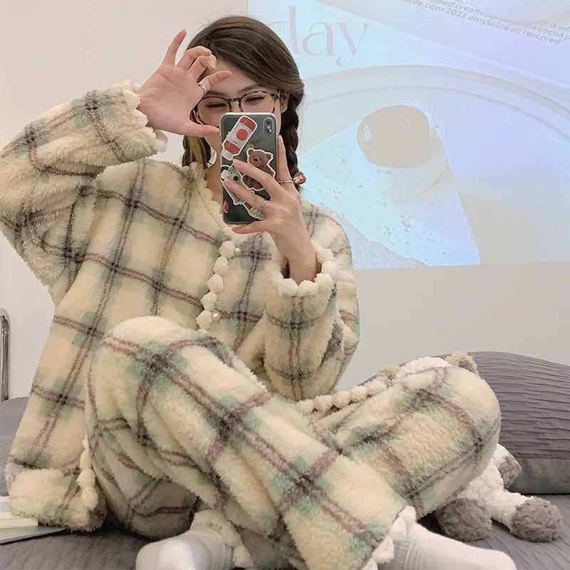 2025 New Flannel Plaid Sleepwear Women Winter Ruffles Pajama Pants Warm 2 Pieces Fluffy Button Night Wears Set Home WearT251029