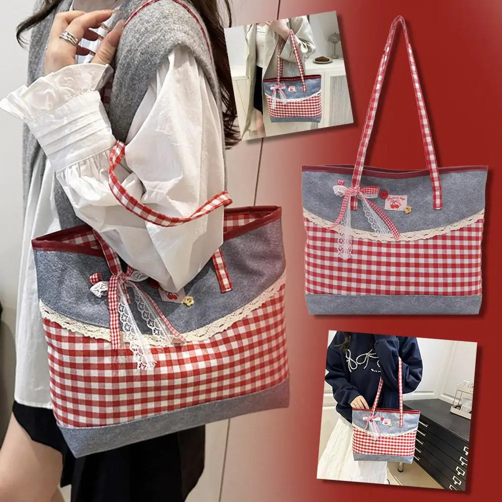 Korean Style Womens Bag Retro Lattice Casual Plaid Underarm Bag Fashionable Sweet Bowknot large capacity Shoulder Tote Bag 251029
