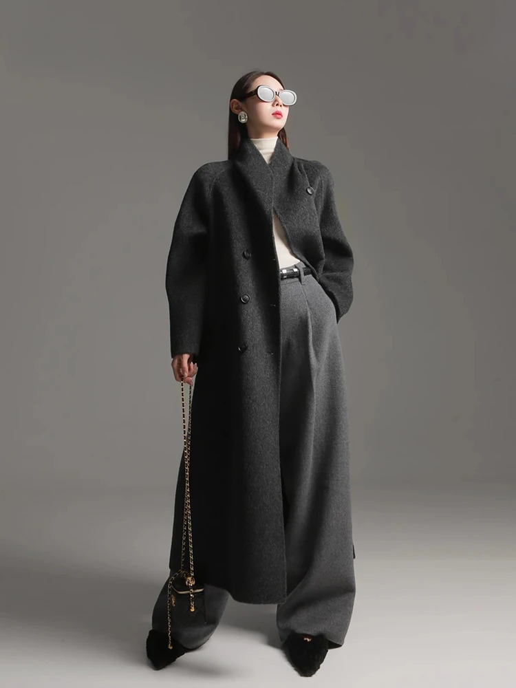 Womens Stand Collar Double Breasted Wool Coat Long Jacket Elegant Fashion Autumn Winter 251029