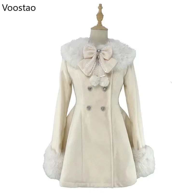Autumn Winter Japanese Kawaii Lolita Woolen Coat Women Sweet Bow Plush Slim Jacket Female Korean Style Warm Dress Cute Overcoat 251028