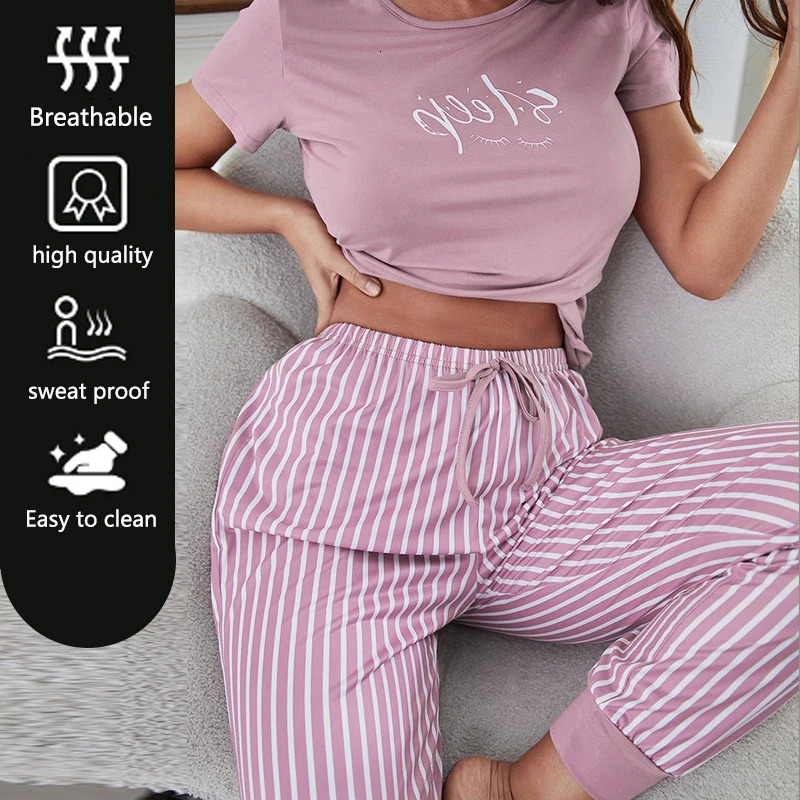 2Pcs Women Plus Size Pajamas ShortSleeved White Striped Drawstring Trousers Student Homewear Suit Letter Print TShirt Ladies 251029