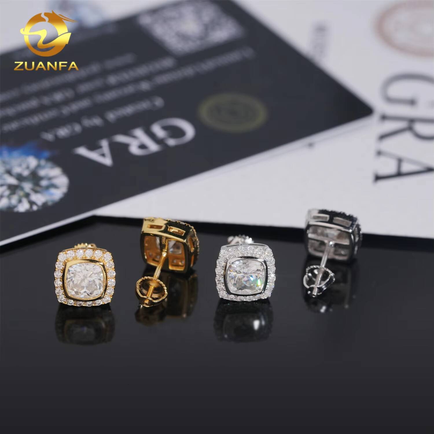 Wholesale D VVS Moissanite Earrings Screw Back Cubshion Cut 66mm Halo Stud Earrings 925 Silver Hip Hop Earring