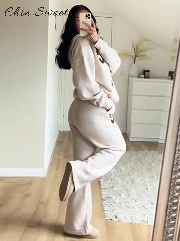 Casual Womens Knitted Hooded Tracksuit Sets Loose Full Sleeve Zipper Pockets Jacket Straight Pants Autumn Winter Lady Suit 251028