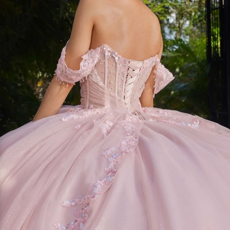 Pink Shiny Princess Off the Shoulder Sweet 16 Dress Quinceanera Dresses Applique Lace Beads Tull Party Birthday Vestidos 15 De