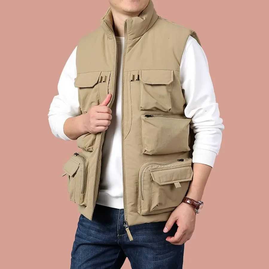 2024 New Mens Cargo Vest Winter Thick Fleece Warm Sleeveless Jacket Solid Color Tactical Coat Men Pockets Work Waistcoat 6XL W251029