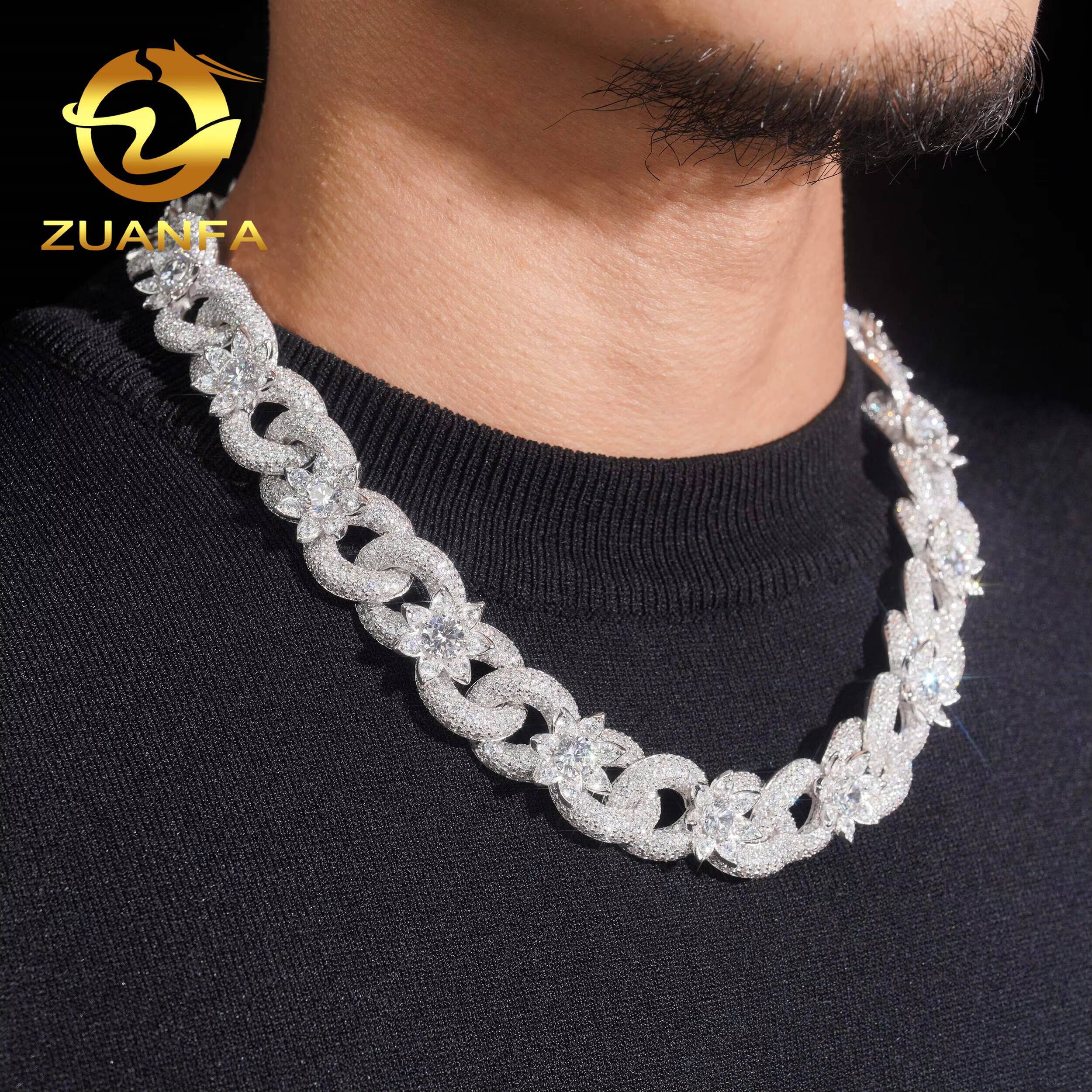 18mm Hip Hop Jewelry VVS Moissanite 925 Sliver Flower Link Chain Diamond Iced Out Infinity Miami Cuban Chain Necklace BraceletDesigner style