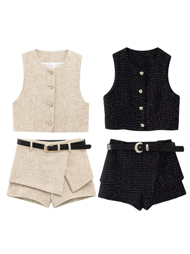 HH Women Elegant Sets ONeck SingleBreasted Waistcoat TopsSummer Slim Office Lady Texture With Belt Culottes Shorts Suits 251029