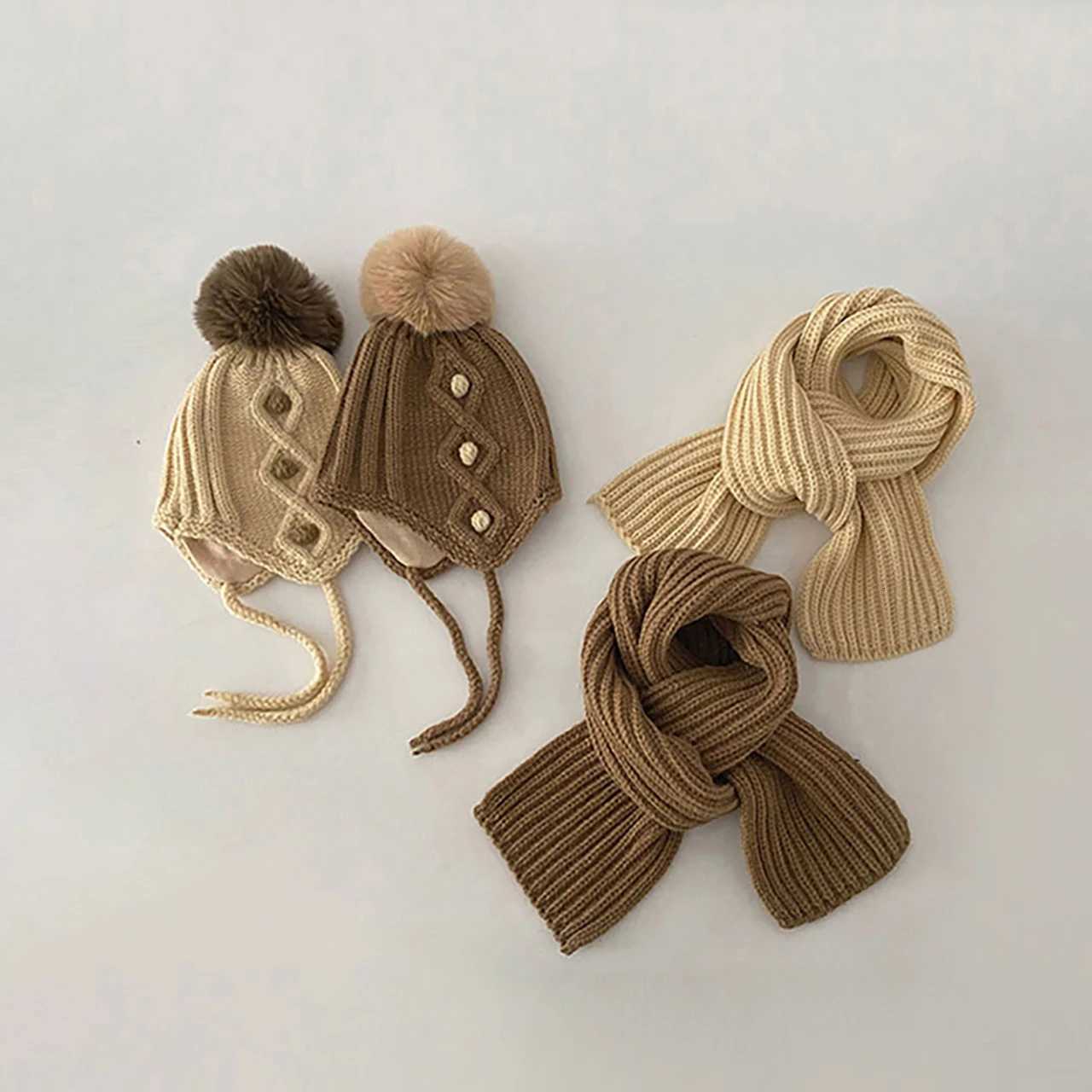 Pompom Beanie For Baby Earmuffs Cap Winter Warm Kids Woolen Knit Hats 12Year Boy Girl Ear Protection Hat Toddler Ties Bonnet251028