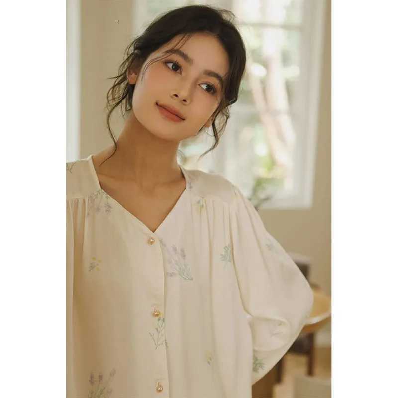 2023 Autumn Satin Long Sleeve Pajamas Set Cute Sweet Comfortable Printed Homewear Cotton Silk Fresh and Elegant SleepwearT251029