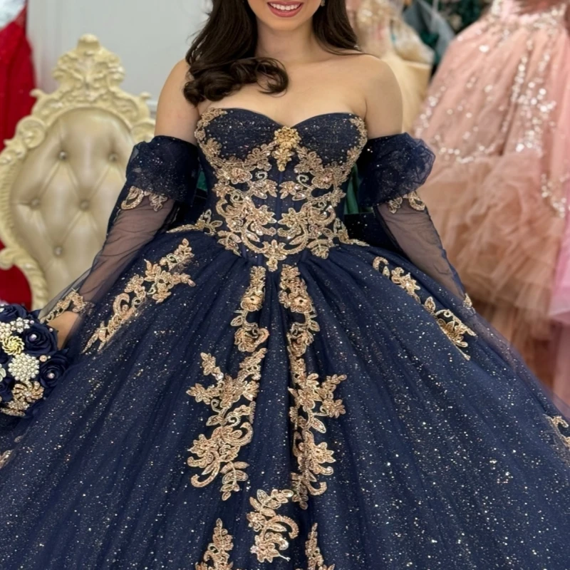 Navy Blue Shiny Ball Gown Quinceanera Dresses Off The Shoulder Applique Lace Beads Bow Tull Party Birthday Sweet 16 Dress Vestidos