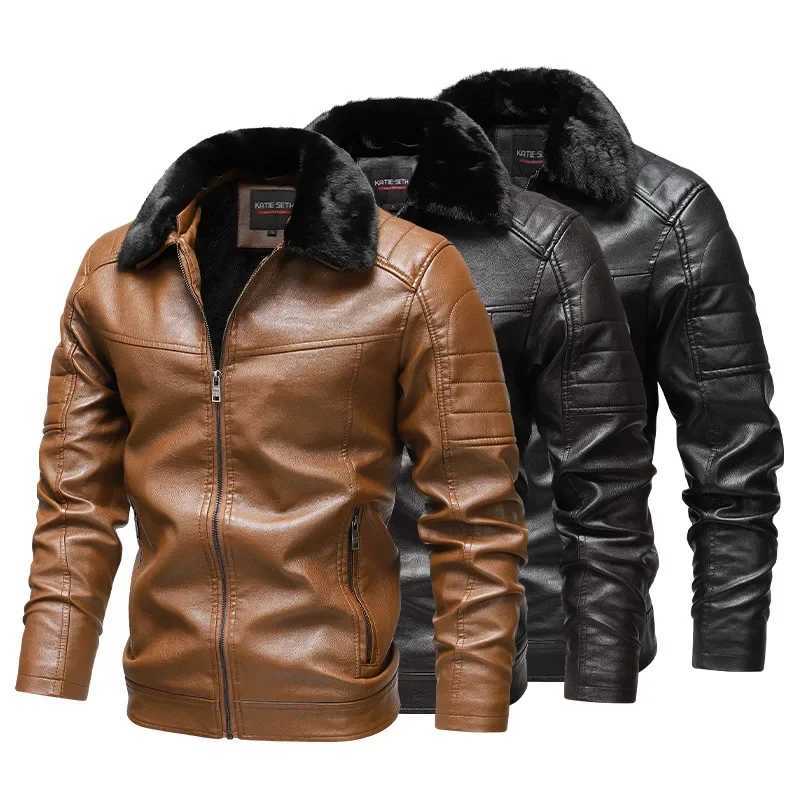 Mens Leather Jacket New Lapel Fur Collar Removable Mens Pu Leather Biker Jacket Plus FleeceT251029