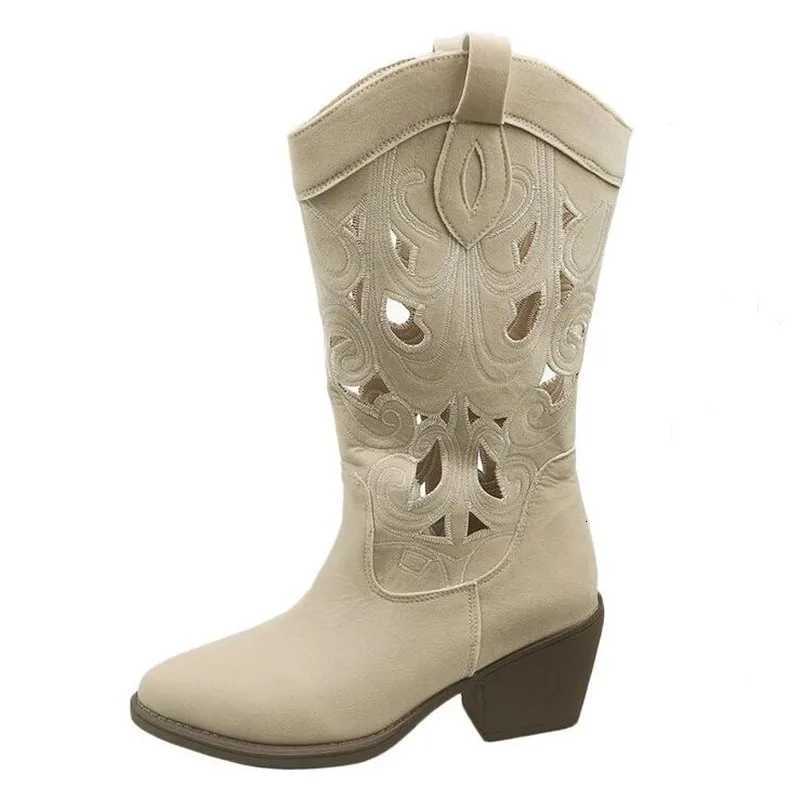 2025 Hollow Embroidered Vintage Western Boots Women Autumn Chunky Heels Knee High Cowboy Boots Woman Pu Leather Knight Booties Z251029